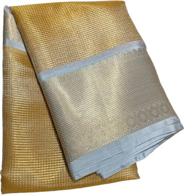 Kashi Silk Floral Print, Solid/Plain Banarasi Tissue Saree(Gold, White)
