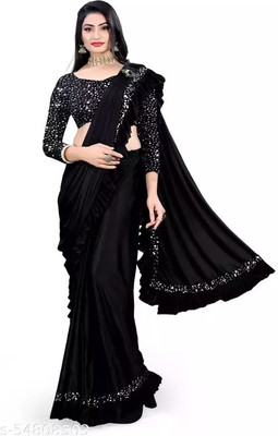 KSENTERPRISE Solid/Plain Bollywood Lycra Blend Saree(Black)