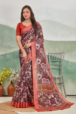Rashmiwala Floral Print Bollywood Linen Saree(Brown)