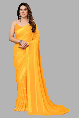Anand Sarees Striped, Ombre, Printed Bollywood Satin Saree(Yellow)