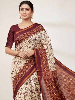 Gen Z Trend Geometric Print Bollywood Cotton Blend Saree(Cream)
