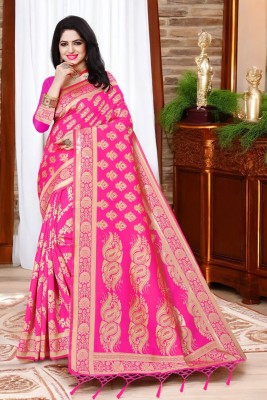 ALMEDA Woven Kanjivaram Silk Blend, Jacquard Saree(Pink)