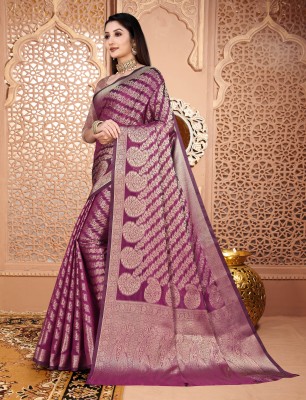 UTTAMFABRICS Floral Print Banarasi Organza Saree(Purple)