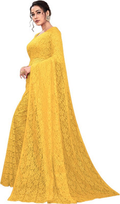 SwiftStyle Solid/Plain Bollywood Net Saree(Yellow)