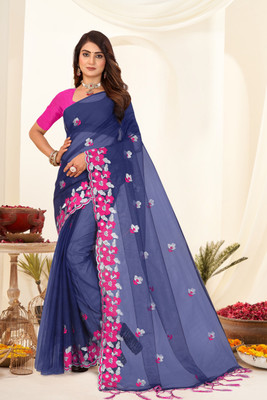 ChamundaTrends Embroidered, Floral Print Bollywood Supernet Saree(Blue)