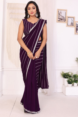 DWINIZAA STORE Striped Pre Draped Saree Georgette Saree(Purple)