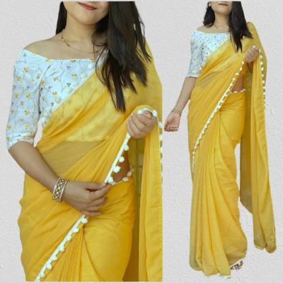 HouseOfCommon Solid/Plain, Self Design Bollywood Viscose Rayon Saree(Yellow)