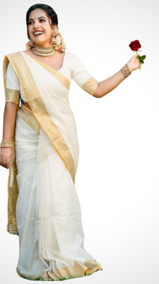 ShriSaree Striped Bollywood Pure Cotton Saree(White)