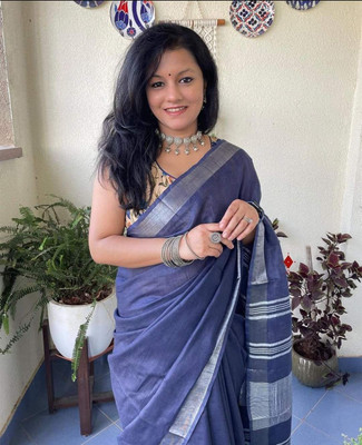 Aamir Fashion Textile Solid/Plain Bhagalpuri Handloom Cotton Linen Saree(Dark Blue)