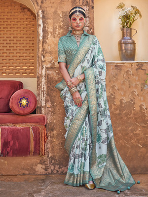 ANOUK Printed Chinnalapattu Silk Blend Saree(Light Blue)