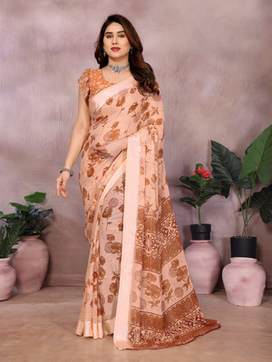 Anand Sarees Floral Print Saree with Attached Blouse Georgette, Satin Saree(Beige, Brown)