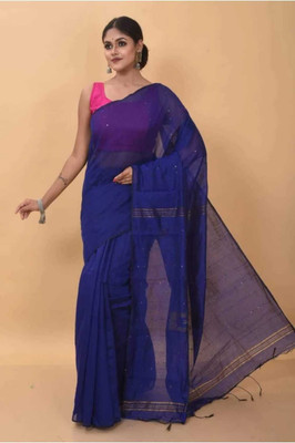 Anita Solid/Plain, Striped, Woven Handloom Pure Cotton Saree(Blue)