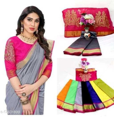 Bhagwati Creation Striped, Solid/Plain Bollywood Cotton Silk Saree(Grey)