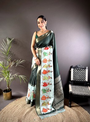 DURGA TEXTILE Digital Print Kalamkari Silk Blend, Jacquard Saree(Green)