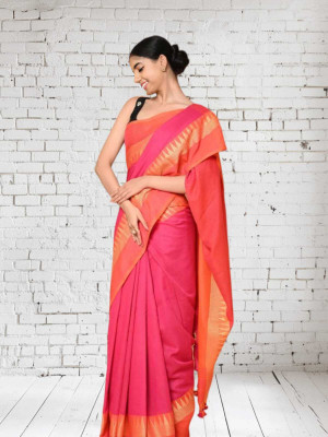GORAB HANDLOOM Self Design Handloom Cotton Blend Saree(Pink)