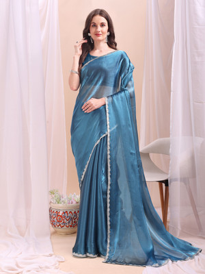 JJ FASHION Solid/Plain Bollywood Jimmy choo Saree(Blue)