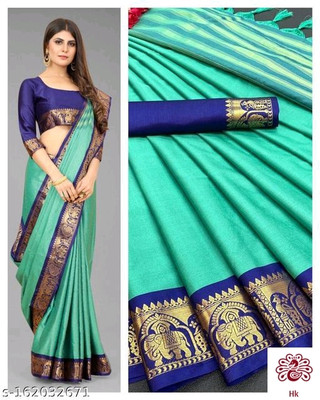 Paramparik Textile Solid/Plain Paithani Cotton Silk, Jacquard Saree(Blue)