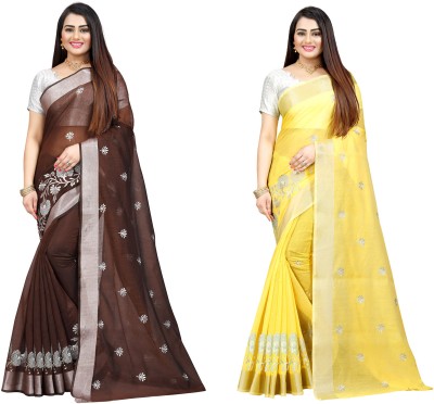 JS Clothing Mart Embroidered Daily Wear Cotton Silk Saree(Pack of 2, Brown, Yellow)