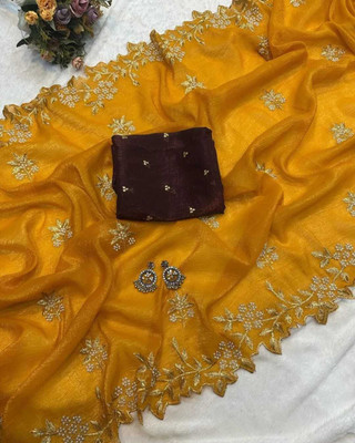RISILA Embroidered Bollywood Chiffon, Pure Silk Saree(Orange)