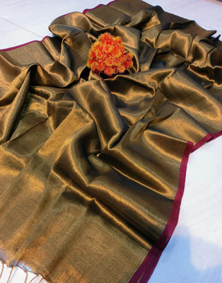 BiswasTextiles Self Design Tant Pure Cotton Saree(Gold, Maroon)