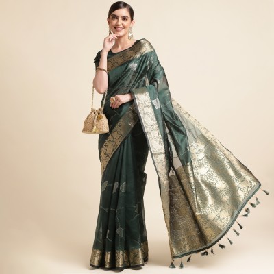 RekhaManiyar Woven Banarasi Silk Blend Saree(Green)