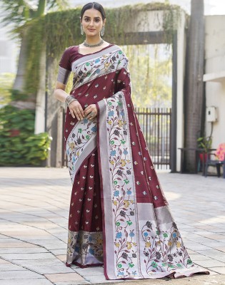 Divastri Woven, Self Design, Embellished Paithani Art Silk Saree(Maroon, Silver, Multicolor)