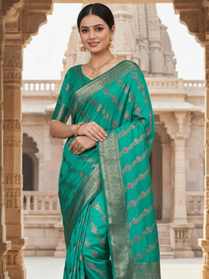 all about you Woven Banarasi Silk Blend Saree(Light Blue)