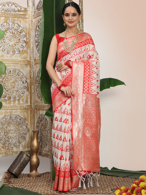Pandadi Saree Printed, Woven Banarasi Cotton Linen Saree(White, Red)