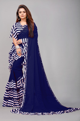 Flip The Style Striped Bollywood Georgette Saree(Dark Blue, White)