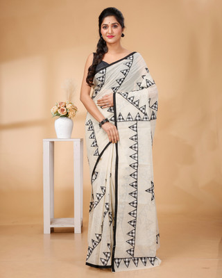 Nakshipar Self Design Handloom Pure Cotton Saree(White)