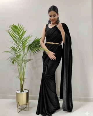 Vragi Solid/Plain Bollywood Lycra Blend Saree(Black)