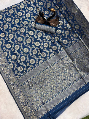 HARLESARIYA Floral Print, Woven, Self Design, Embellished, Printed Banarasi Silk Blend Saree(Blue)