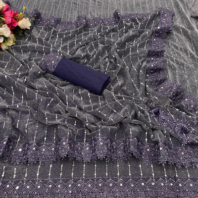 SLIYOXA Applique Bollywood Lycra Blend Saree(Dark Blue)