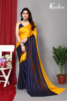 kashvi sarees Striped Bollywood Satin Saree(Yellow, Blue)