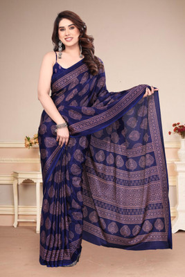 Yatay Printed, Blocked Printed Hand Batik Chiffon, Silk Blend Saree(Dark Blue)