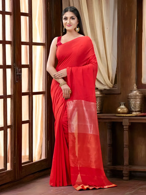 dB DESH BIDESH Solid/Plain, Woven Daily Wear Organza, Cotton Silk Saree(Red)
