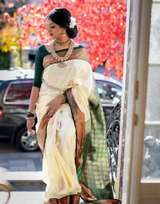 Satrani Woven, Embellished, Self Design Banarasi Art Silk Saree(White, Green, Gold)