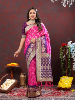 YUG ART Woven Banarasi Silk Blend Saree(Pink)