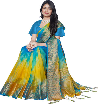 KOTHARI BS Solid/Plain Bandhani Organza Saree(Blue)
