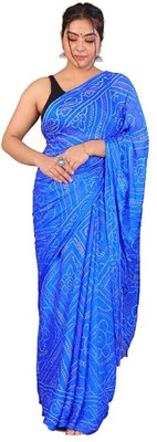 TMT HUB Geometric Print Bandhani Cotton Silk Saree(Blue)