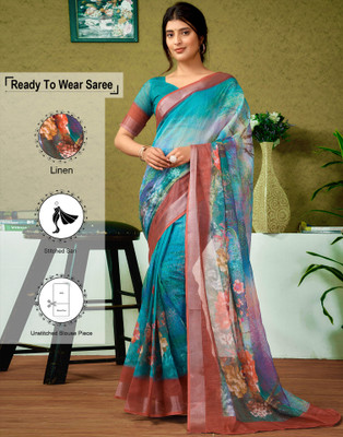 Samah Floral Print, Geometric Print, Embellished Bollywood Linen Saree(Green)