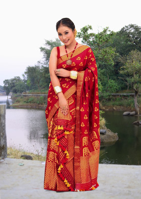 VM Selling Hub Woven Mekhela Chador Silk Blend Saree(Red)