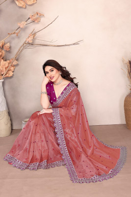 Mikhushop Embroidered Bollywood Supernet Saree(Pink)