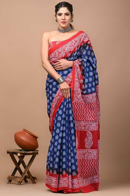 hand block print saree glun Printed Ikkat Cotton Blend, Cotton Jute Saree(Blue)