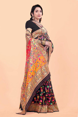 Wovenza Self Design, Woven Bollywood Cotton Blend, Semi-Pashmina Saree(Black)