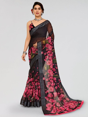 Moda Rapido Printed Bollywood Cotton Blend Saree(Black)