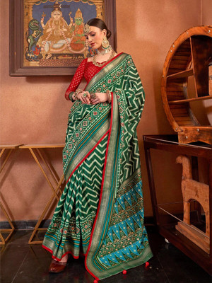 AKSHAR PATRON ENTERPRISE Geometric Print Patola Silk Blend Saree(Dark Blue)