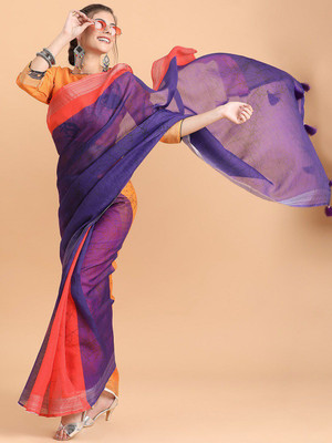 Sangria Printed Daily Wear Linen Saree(Purple)