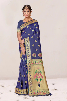 pythan Woven Paithani Silk Blend Saree(Blue)