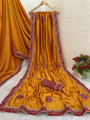 EthnicAura Printed Bollywood Silk Blend Saree(Gold)